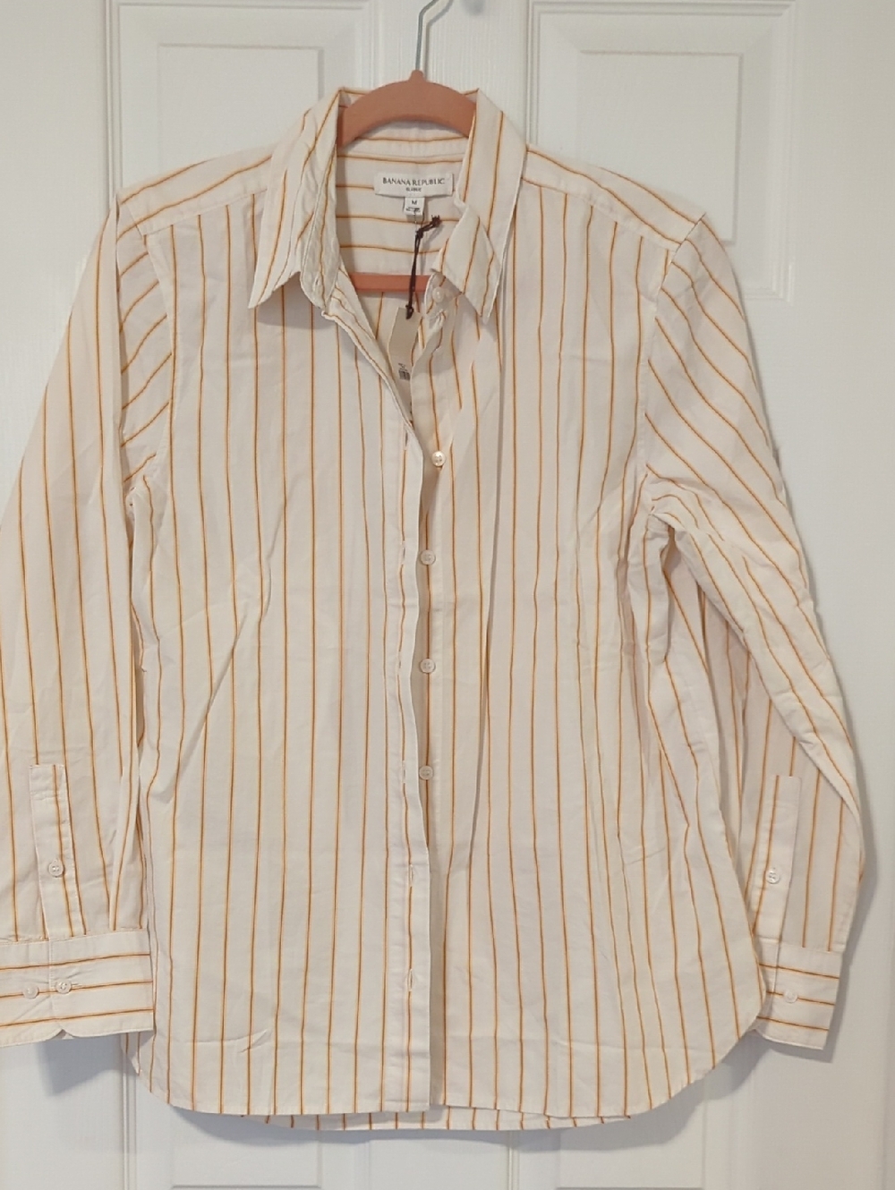 Banana Republic Women's Cream Shirt with Orange Stripes - M